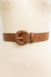 Weave Style D Ring Buckle Leather Belt: Camel
