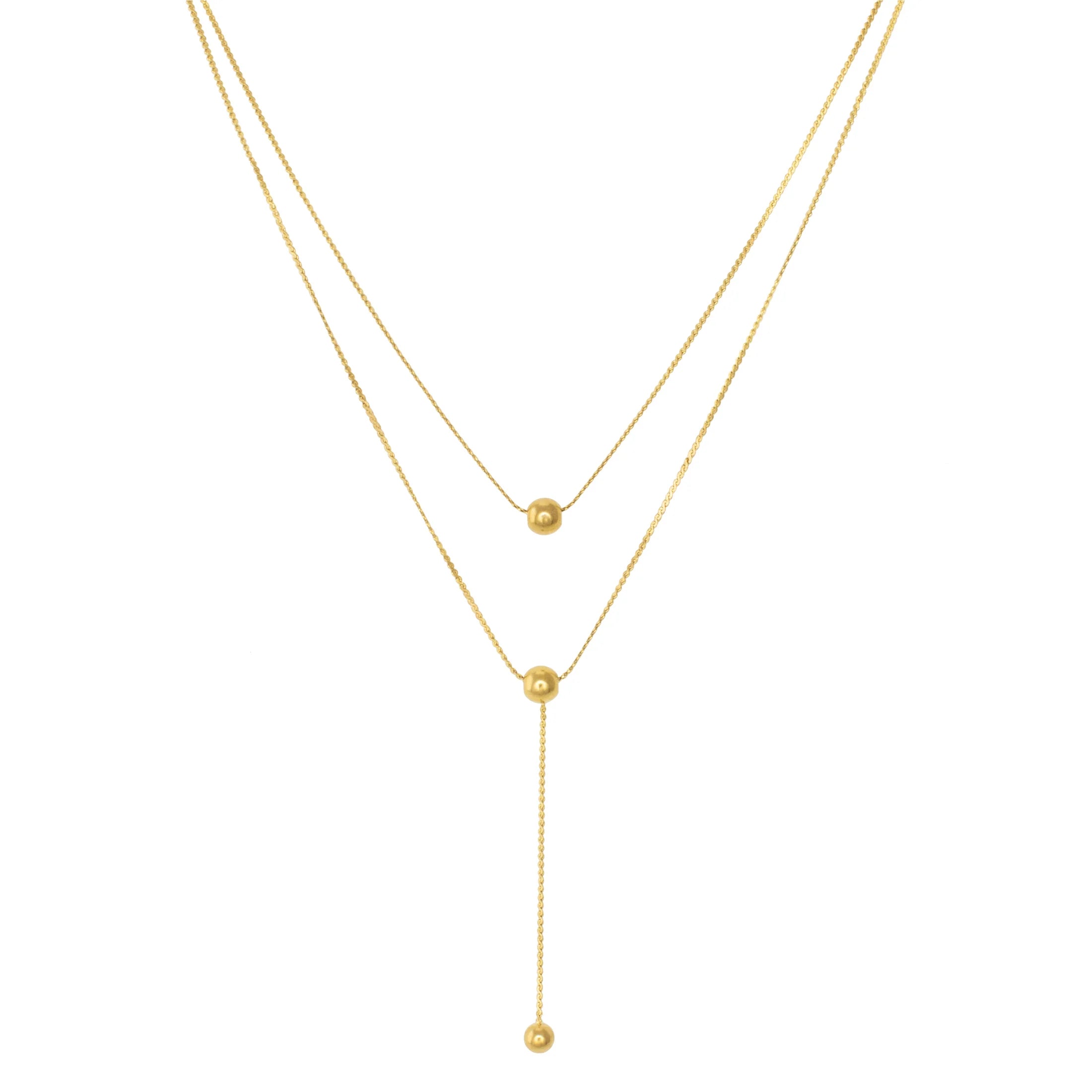 Double Layer Necklace w/ Ball Charms and Drop Chain - Gold