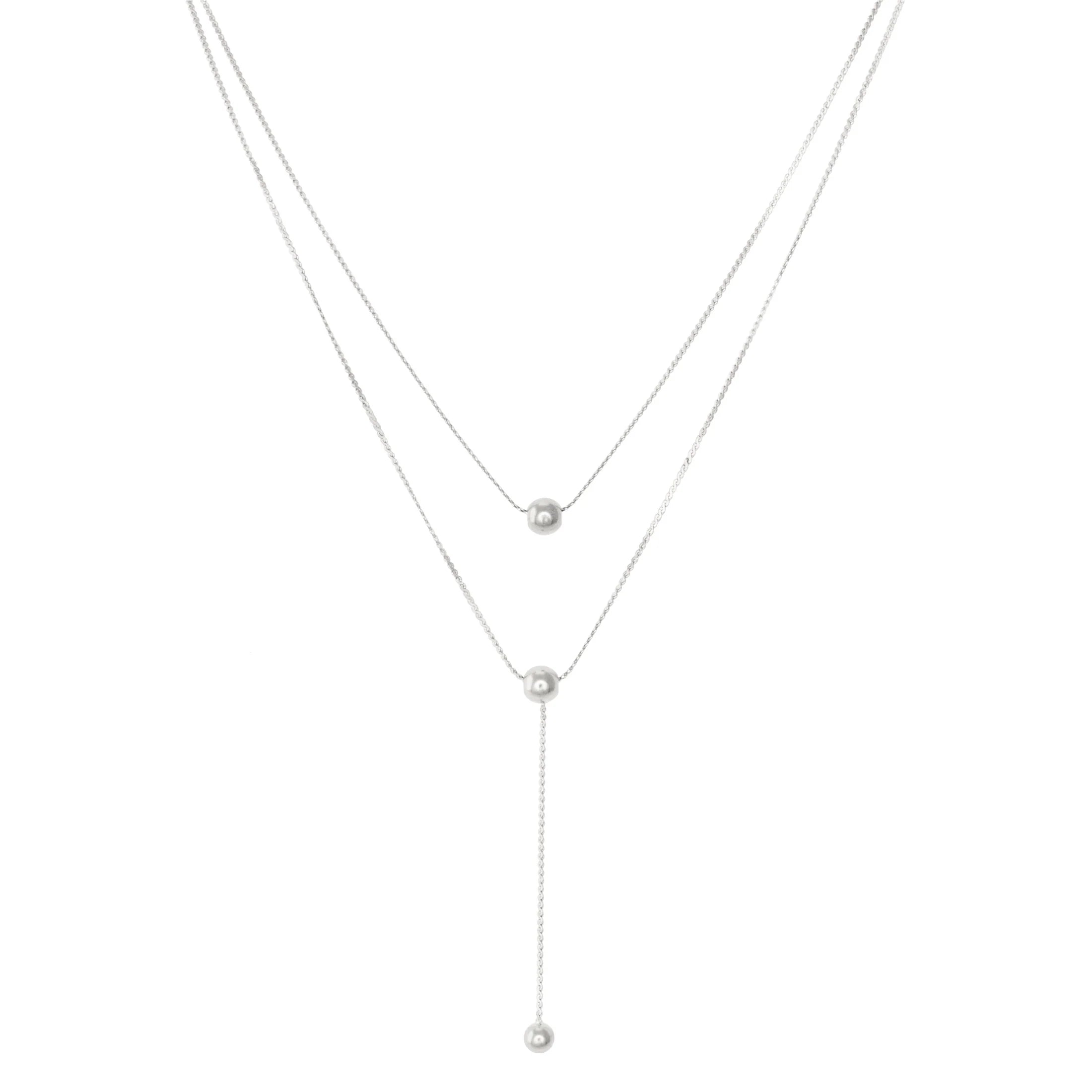 Double Layer Necklace w/ Ball Charms and Drop Chain - Silver