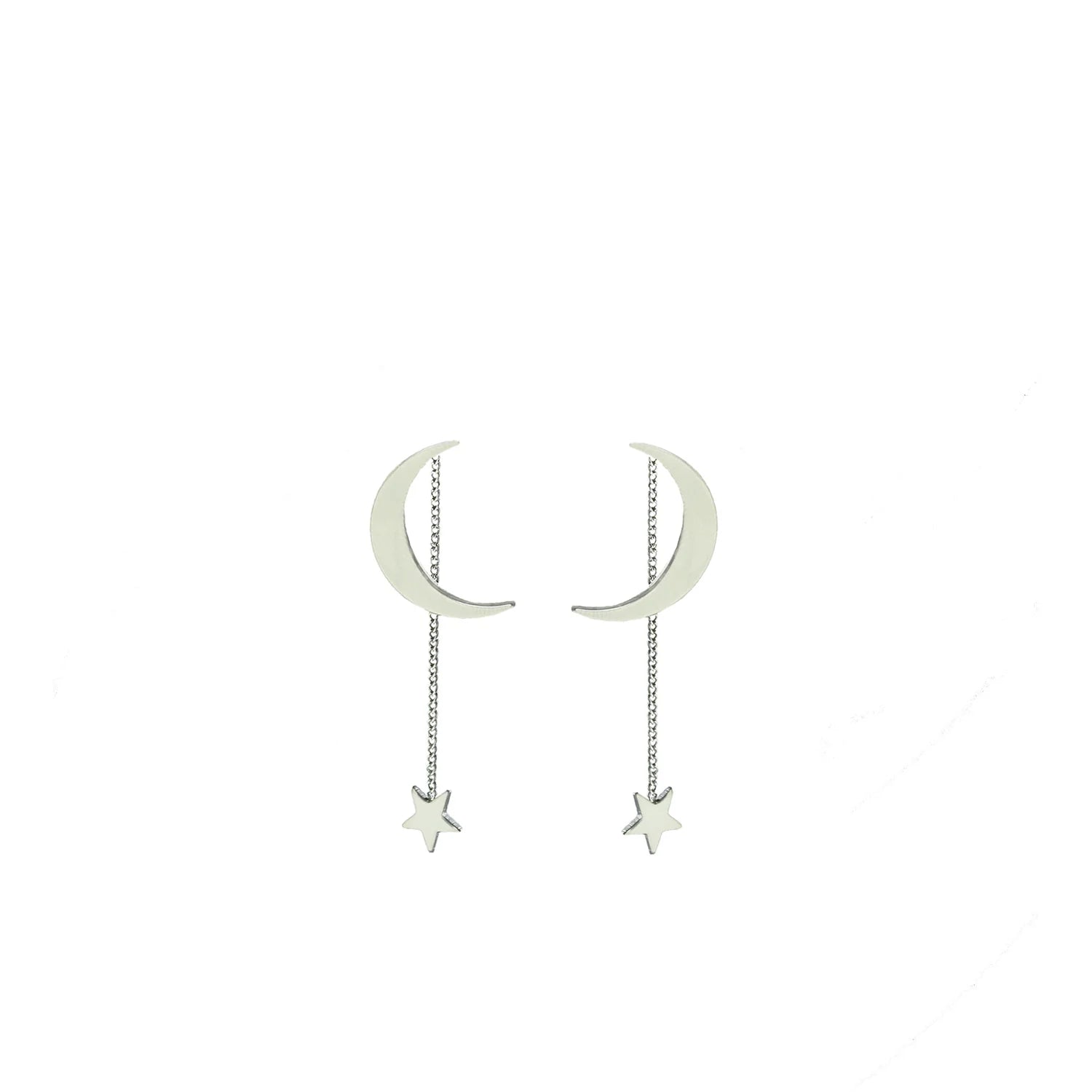 Moon Earring with Star Chain Dangle - Silver